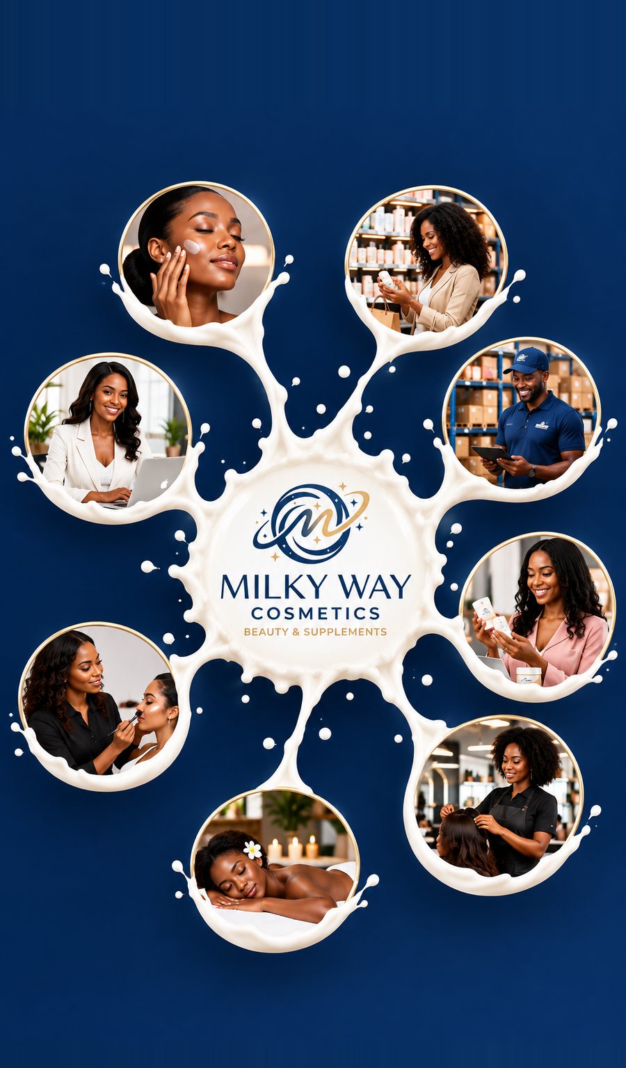 The Milkyway Cosmetics mark surrounded by the people it serves: someone applying skincare, a shopper, a wholesale buyer, an entrepreneur, a reseller, a makeup artist, a spa client and a salon stylist